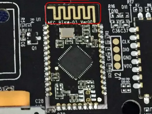 The T1d’s BLE module, with four pads labelled CLK, DIO, GND and VDD next to it