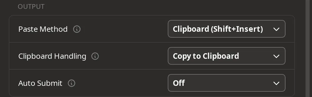 Handy’s Advanced page, Output section: Paste Method set to Clipboard (Shift+Insert), Clipboard Handling set to Copy to Clipboard, Auto Submit off