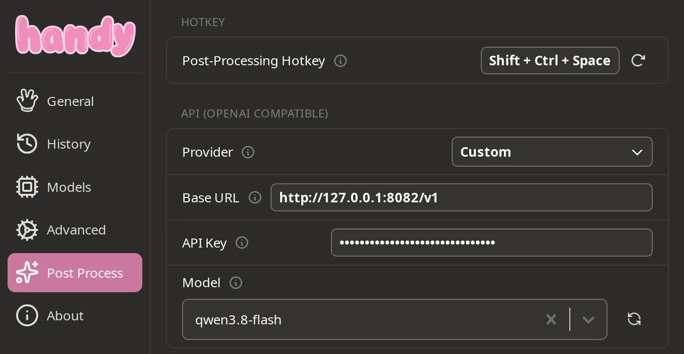 Handy’s Post Process page: Post-Processing Hotkey Shift + Ctrl + Space; Provider Custom; Base URL http://127.0.0.1/v1; API Key hidden as dots; Model qwen3.8-flash