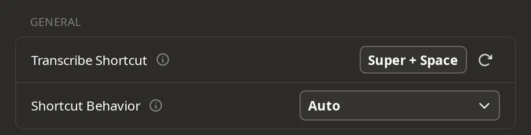 Handy’s General page: Transcribe Shortcut set to Super + Space, Shortcut Behavior set to Auto