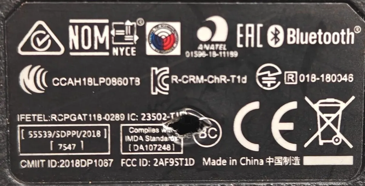 The T1d’s label on the back of the controller, with FCC ID 2AF9ST1D at the bottom