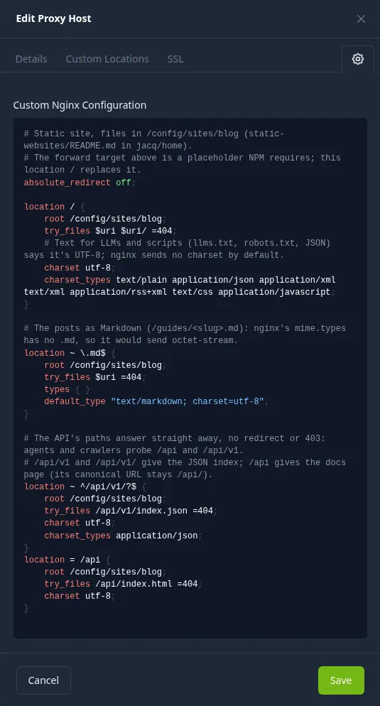 The same dialog on the gear tab, Custom Nginx Configuration: the absolute_redirect line, the location / block with root /config/sites/blog, the location block for .md files and the two blocks for /api, each with a comment