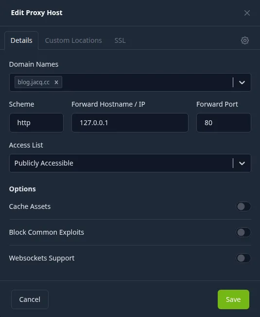 Nginx Proxy Manager’s Edit Proxy Host dialog, Details tab: domain name blog.jacq.cc, scheme http, forward hostname 127.0.0.1, port 80, access list Publicly Accessible, and the options Cache Assets, Block Common Exploits and Websockets Support all switched off