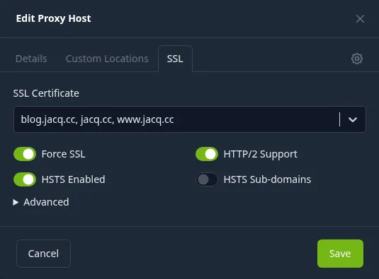 The dialog’s SSL tab: the certificate for blog.jacq.cc, jacq.cc and www.jacq.cc, with Force SSL, HTTP/2 Support and HSTS Enabled switched on and HSTS Sub-domains off