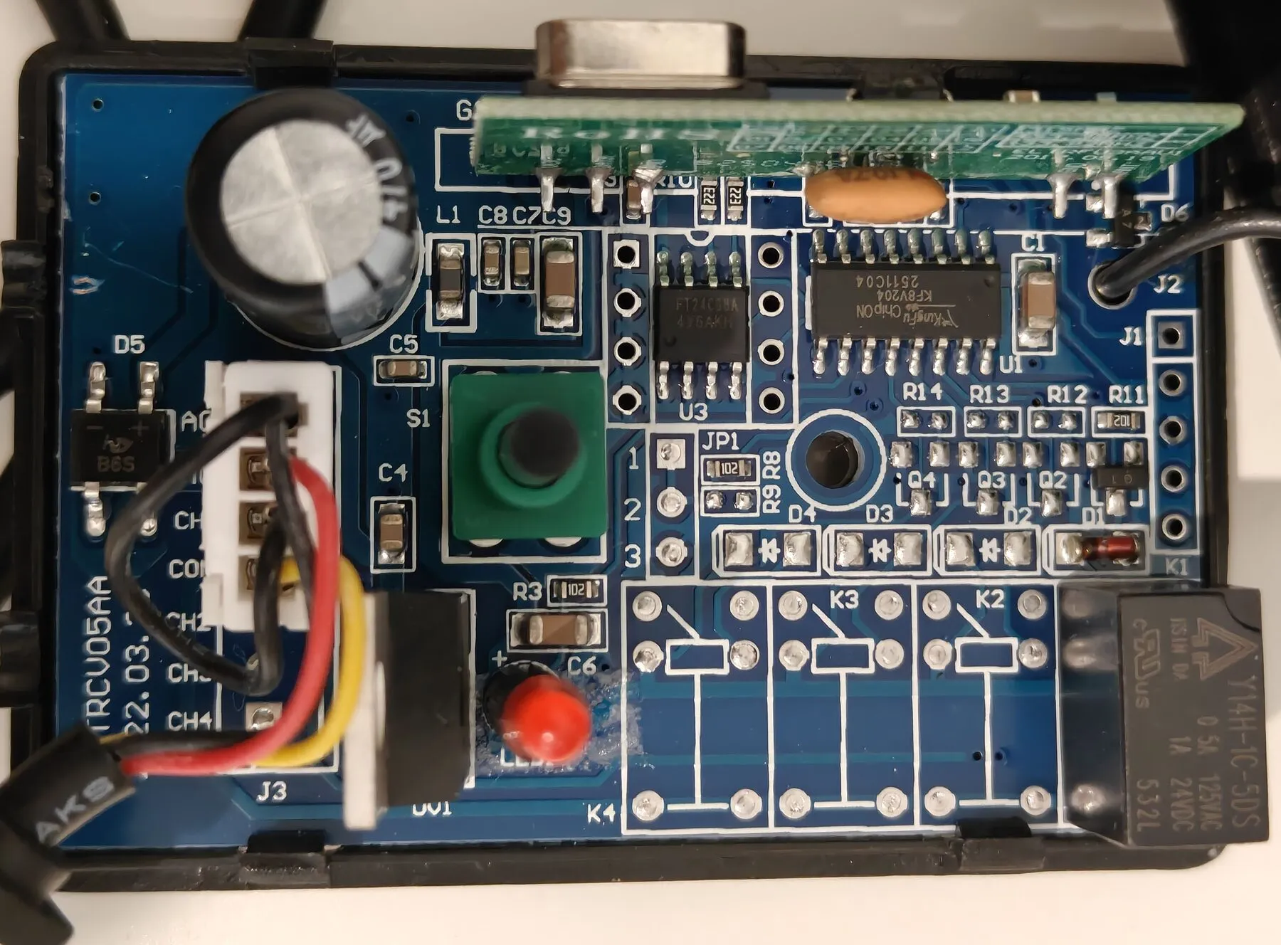The board: one relay (K1, right), empty spots for K2 to K4, and the J3 connector on the left
