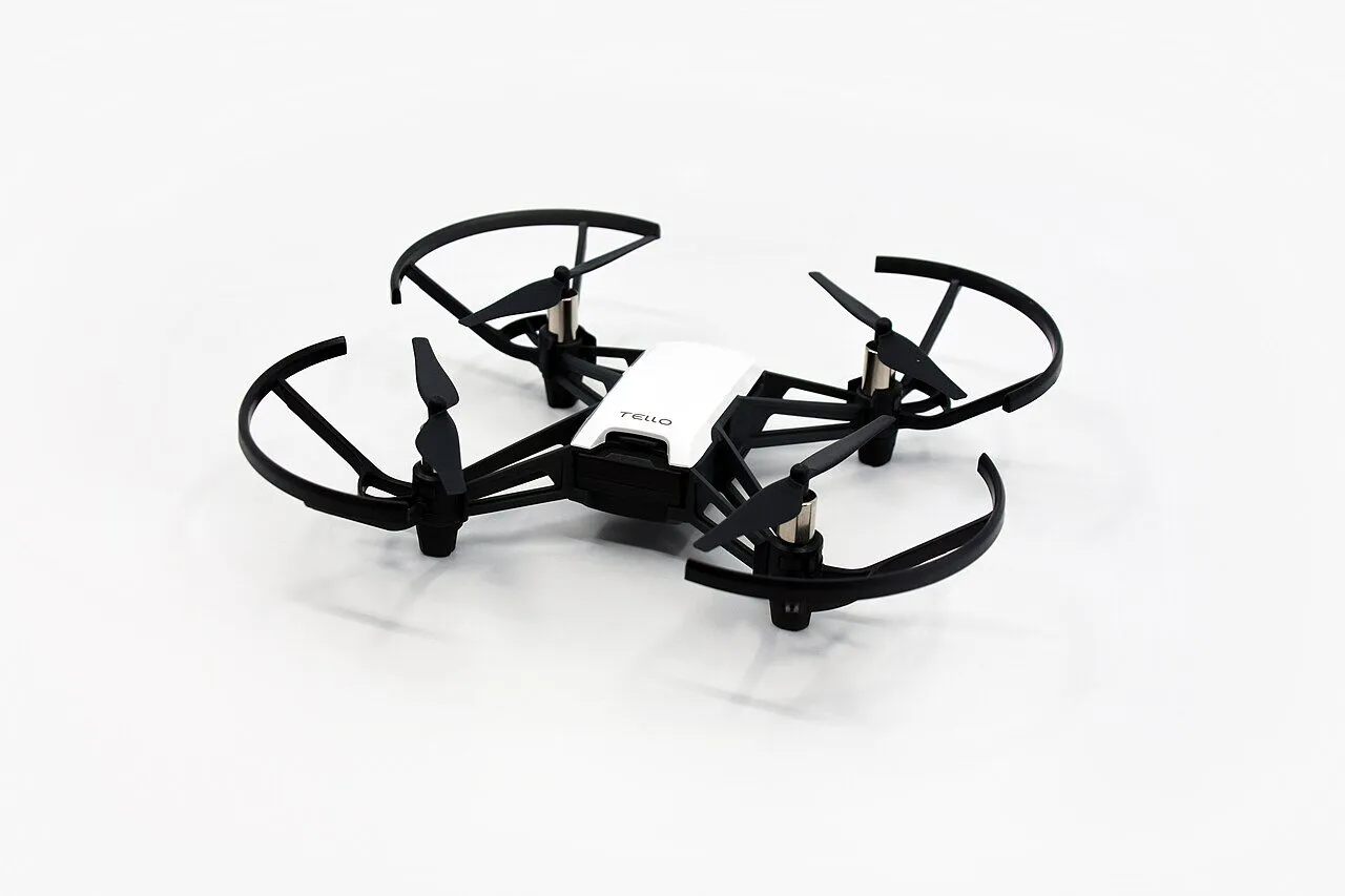 The Ryze Tello, a small white and black quadcopter with propeller guards